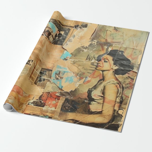 Rustic Vintage Newspaper Patchwork Collage (8) Presentpapper (Utrullad)