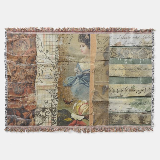 Rustic Vintage Newspaper Patchwork Collage (9) Filt (Framsidan)