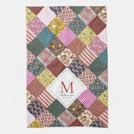 Rustic Vintage Patchwork Quilt Mönster Monogram Kökshandduk