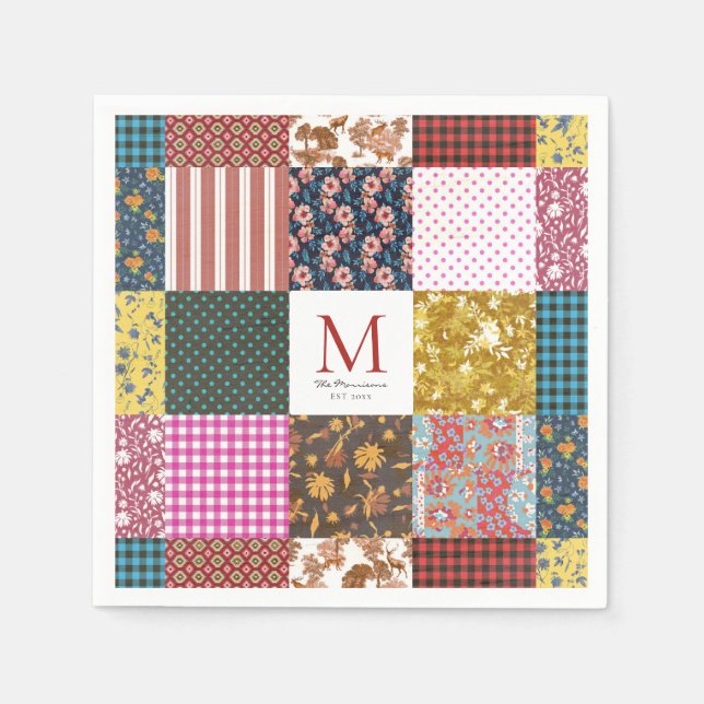 Rustic Vintage Patchwork Quilt Mönster Monogram Pappersservett (Framsidan)