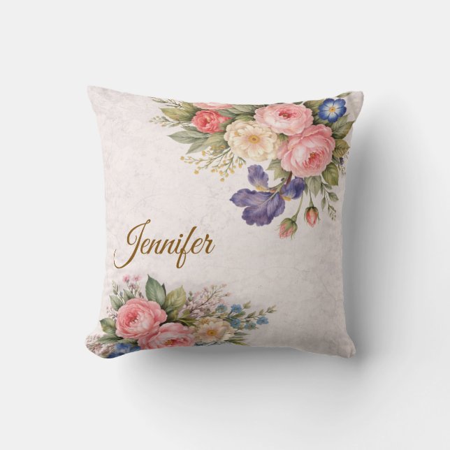 Rustic Vintage Personalized Floral Rose Design     Kudde (Framsida)