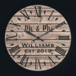 Rustic Vintage Personlig Brown Wood Anpassningsbar Stor Klocka<br><div class="desc">En vacker, unik och naturnära personlig har en faux-rustik brun trä med svart anpassning av hans och hennes namn i en övertäckningsdesign för skript och det efternamn och år som fastställts i ett fet skript med tryckt träbakgrund. Anpassa klockan genom att lägga till din personliga information. Gör ett underbart bröllop,...</div>