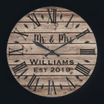 Rustic Vintage Personlig Brown Wood Anpassningsbar Stor Klocka<br><div class="desc">En vacker, unik och naturnära personlig har en faux-rustik brun trä med svart anpassning av hans och hennes namn i en övertäckningsdesign för skript och det efternamn och år som fastställts i ett fet skript med tryckt träbakgrund. Anpassa klockan genom att lägga till din personliga information. Gör ett underbart bröllop,...</div>