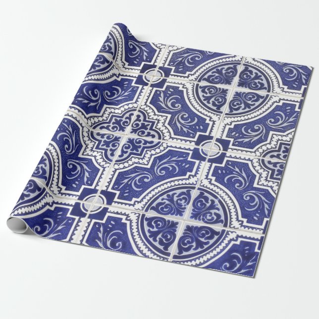 Rustic Vintage Portugisiska Tiles Mönster - Azulej Presentpapper (Utrullad)