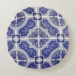 Rustic Vintage Portugisiska Tiles Mönster - Azulej Rund Kudde