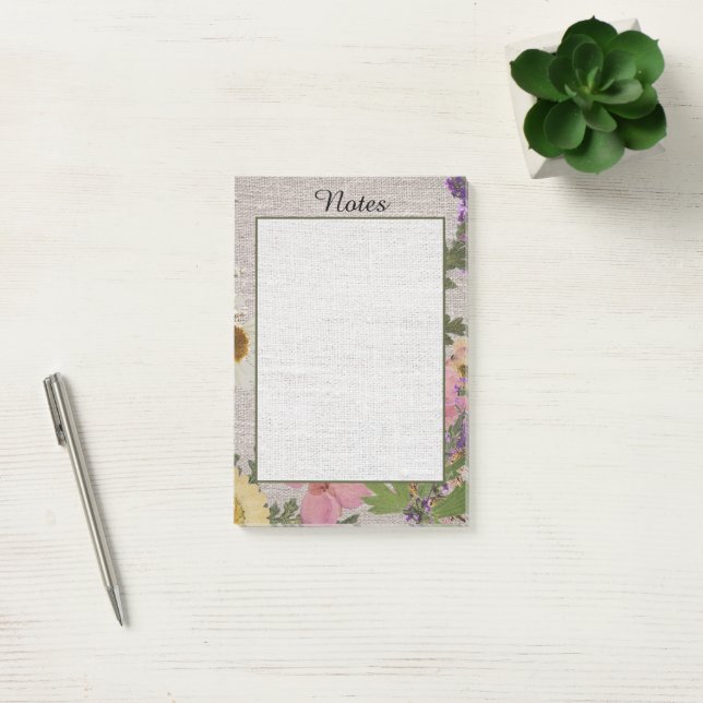 Rustic Vintage Pressad Blommigt Linen Post-it Block (Kontor)