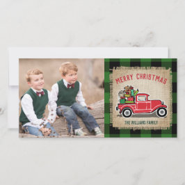 Rustic Vintage Red Lastbil Grönt Buffalo Play Phot Julkort