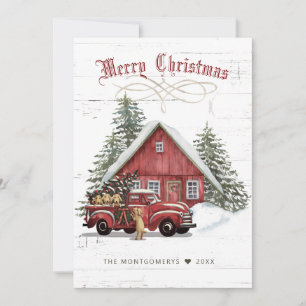 Rustic Vintage Red Lastbil Hundar Jul på bondgårde Julkort
