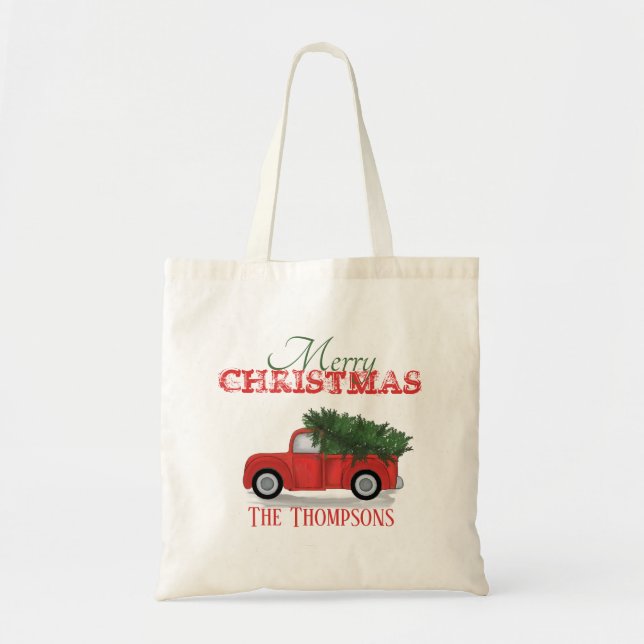 Rustic Vintage Red Lastbil Roligt Juldag Anpassnin Tygkasse (Framsidan)