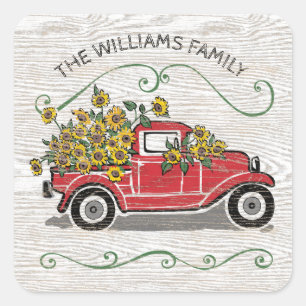 Rustic Vintage Red Lastbil Sunwers Monogram Fyrkantigt Klistermärke