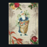Rustic Vintage Santa w/Flowers, Gräs & Music<br><div class="desc">Jolly blue-robed Pappa jul på musikaliska bakgrunder och skript med graverad rustik birch twig gräns,  graved gräs,  ro,  poinsettia och holly på fördärvad sepiabasbakgrund.</div>