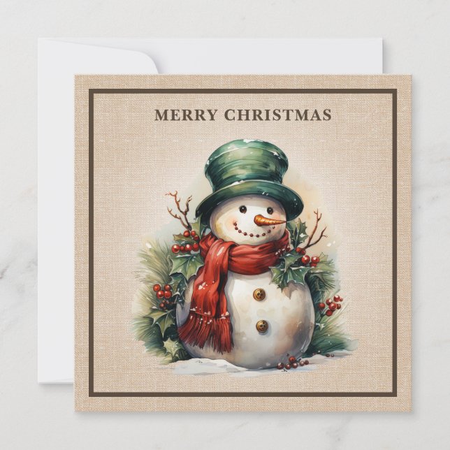 Rustic Vintage Snowman Holly Berries Burlap Julkort (Framsida)