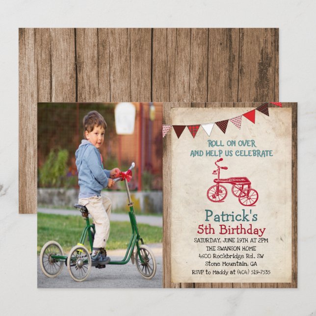 Rustic Vintage Tricle Boy Birthday-inbjudan Inbjudningar (Fram/baksida)