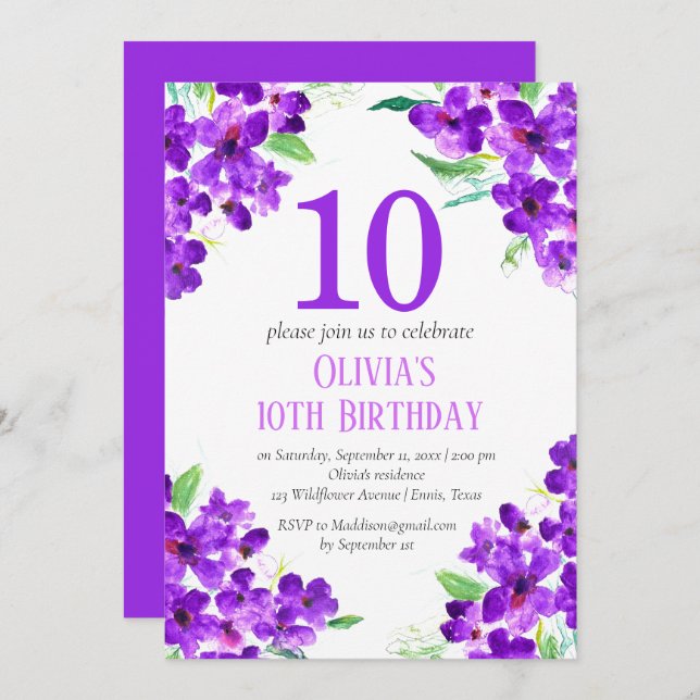 Rustic Violet 10th Birthday Lila Blommigt Inbjudningar (Fram/baksida)