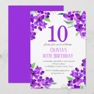 Rustic Violet 10th Birthday Lila Blommigt Inbjudningar