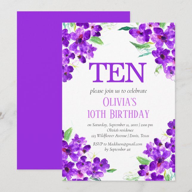 Rustic Violet 10th Birthday Lila Blommigt Inbjudningar (Fram/baksida)