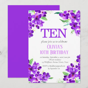 Rustic Violet 10th Birthday Lila Blommigt Inbjudningar
