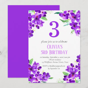 Rustic Violet 3rd Birthday Lila Blommigt Inbjudningar