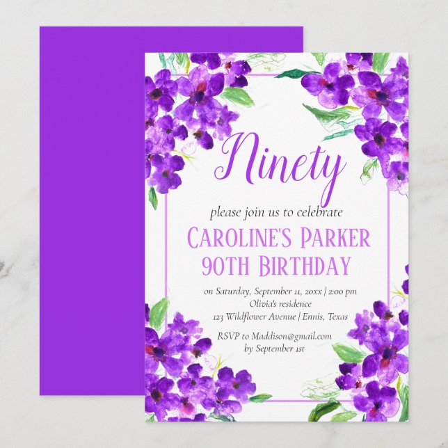 Rustic Violet 90:e Birthday Lila Blommigt Inbjudningar (Fram/baksida)