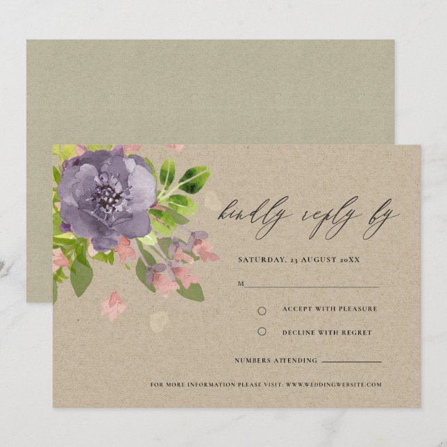RUSTIC VIOLET KRAFT VILD FLOWER & FOLIAGE MONOGRAM INBJUDNINGAR (Fram/baksida)