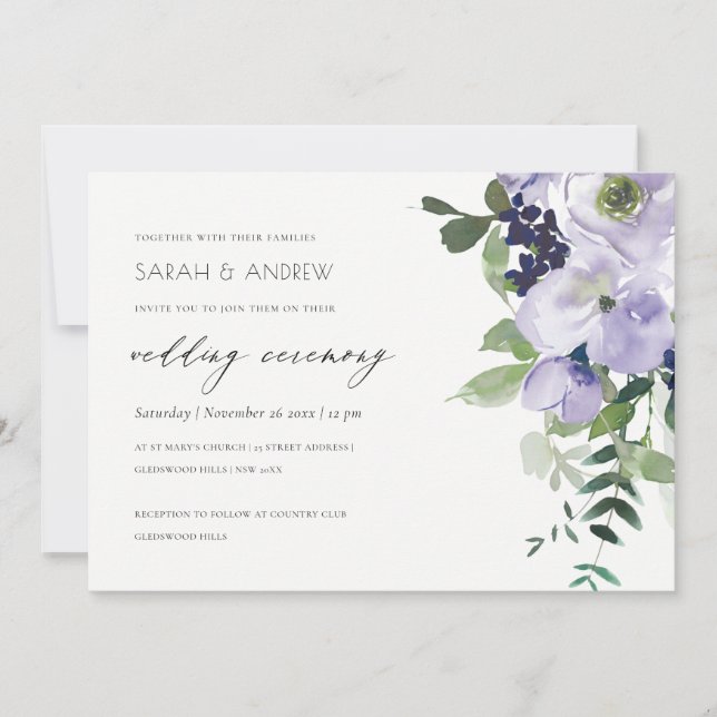 Rustic Violet Lila Blommigt Leafy Wedding bjudande Tack Kort (Framsida)