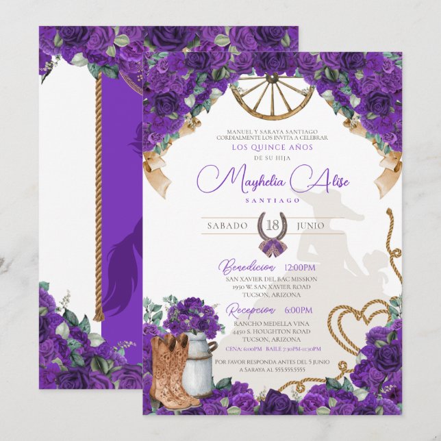 Rustic Violet Lila Western Charro Quinceañera Inbjudningar (Fram/baksida)
