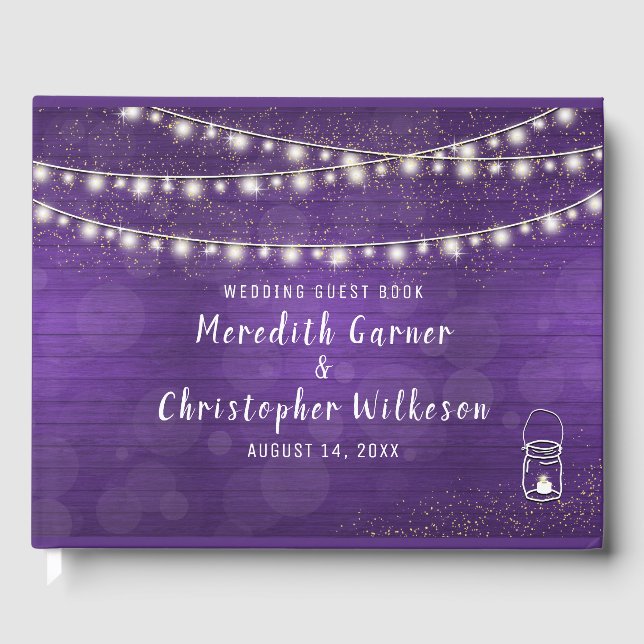 Rustic Violet Wood Mason Burk String Ljus Bröllop Gästböcker (Framsida)