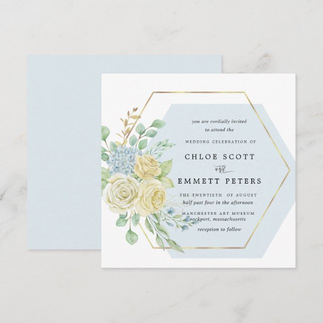 Rustic Vit ros Blue Hydrangea Square Bröllop Inbjudningar (Fram/baksida)