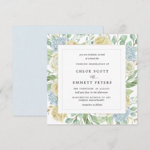 Rustic Vit ros Blue Hydrangea Square Bröllop Inbjudningar