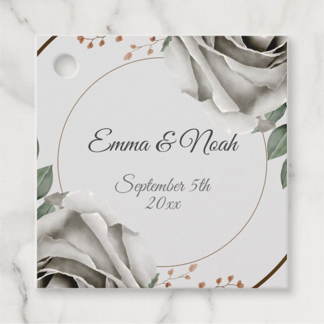 Rustic Vit ros Flowers bröllop Gåvor Etiketter (Framsida)