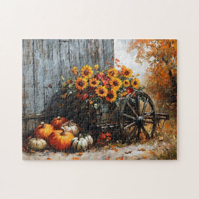 Rustic Wagon med pumpor och solblommor Pussel (Horisontell)