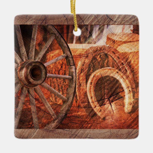 Rustic Wagon Wheel Horseshoes Westerna Stil Julgransprydnad Keramik (Framsida)