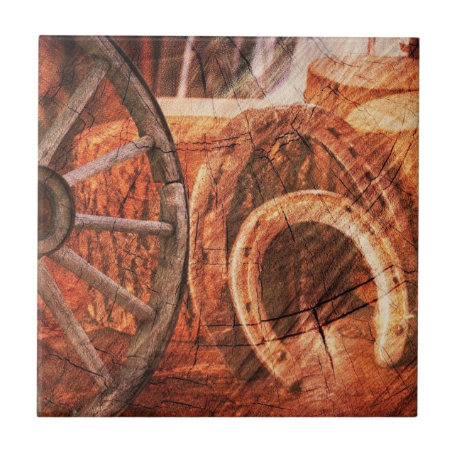 Rustic Wagon Wheel Horseshoes Westerna Stil Kakelplatta (Framsidan)