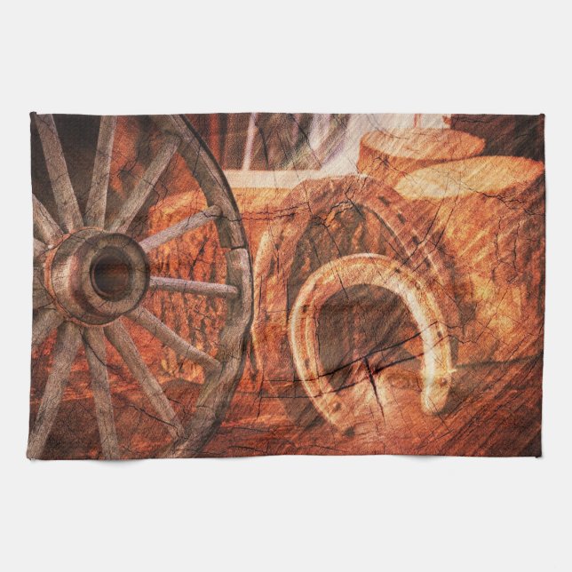 Rustic Wagon Wheel Horseshoes Westerna Stil Kökshandduk (Horisontell)