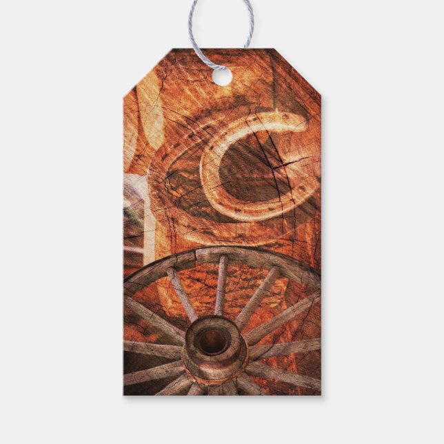 Rustic Wagon Wheel Horseshoes Westerna Stil Presentetikett (Framsidan)