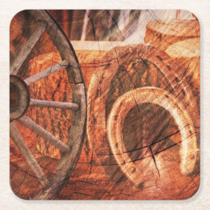 Rustic Wagon Wheel Horseshoes Westerna Stil Underlägg Papper Kvadrat
