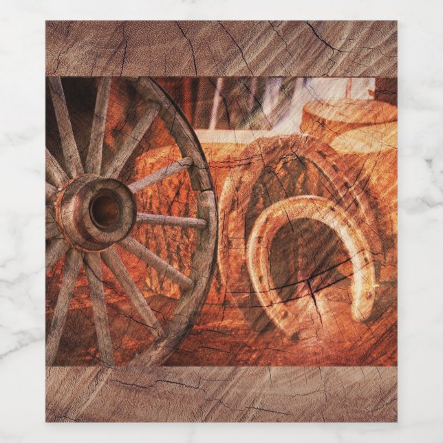 Rustic Wagon Wheel Horseshoes Westerna Stil Vinflaska Etikett (Singel etikett)