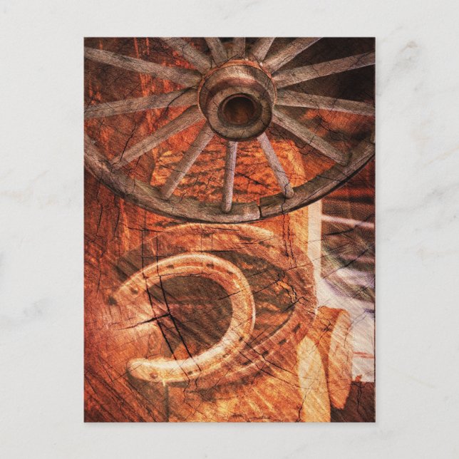 Rustic Wagon Wheel Horseshoes Westerna Stil Vykort (Framsida)