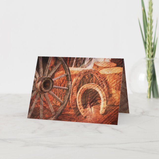 Rustic Wagon Wheel Horseshoes Westernare Stil Holi Helgkort (Framsida)