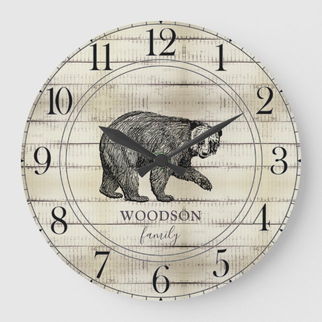 Rustic Walking Bear Wood Forest Family Namn Stor Klocka (Framsida)