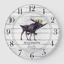 Rustic Walking Moose Wood Family Namn Stor Klocka
