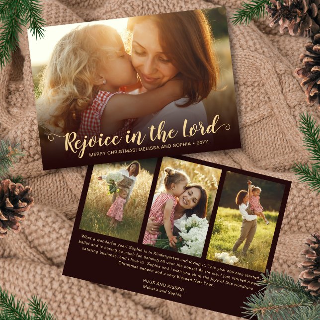 Rustic Warm Brown Religious Christmas Card Julkort (Toasty Chestnut Rustic Christmas card with 4 photos)