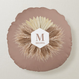 Rustic Warm Neutralt Färg Monogram Rund Kudde