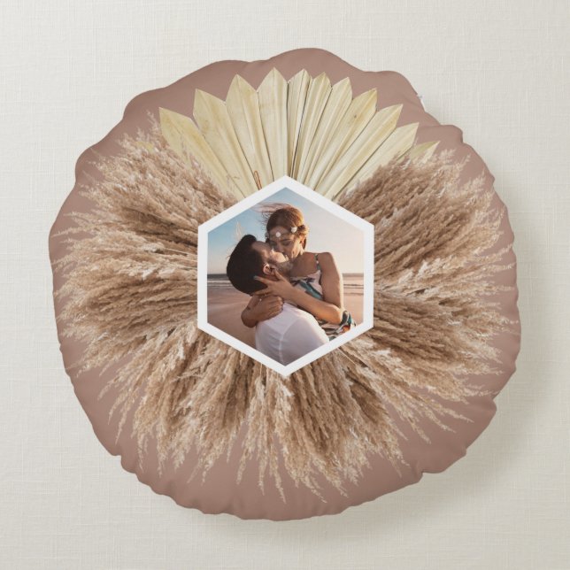 Rustic Warm Neutralt Färg Monogram Rund Kudde (Baksidan)