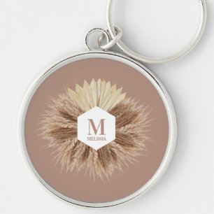 Rustic Warm Neutralt Färg Monogram Rund Silverfärgad Nyckelring