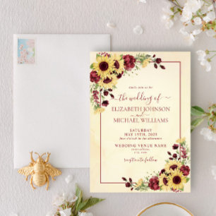 Rustic Warm Solros Burgundy Blommigt Bröllop Inbjudningar