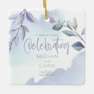 Rustic Watercolor Aqua Lilac Löv Spara datum Julgransprydnad Keramik