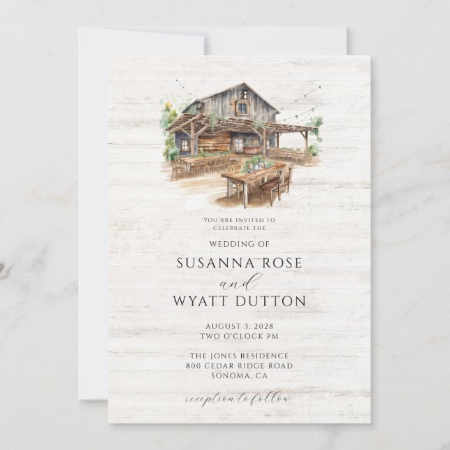 Rustic Watercolor Barn Wedding bjudande Inbjudningar (Framsida)