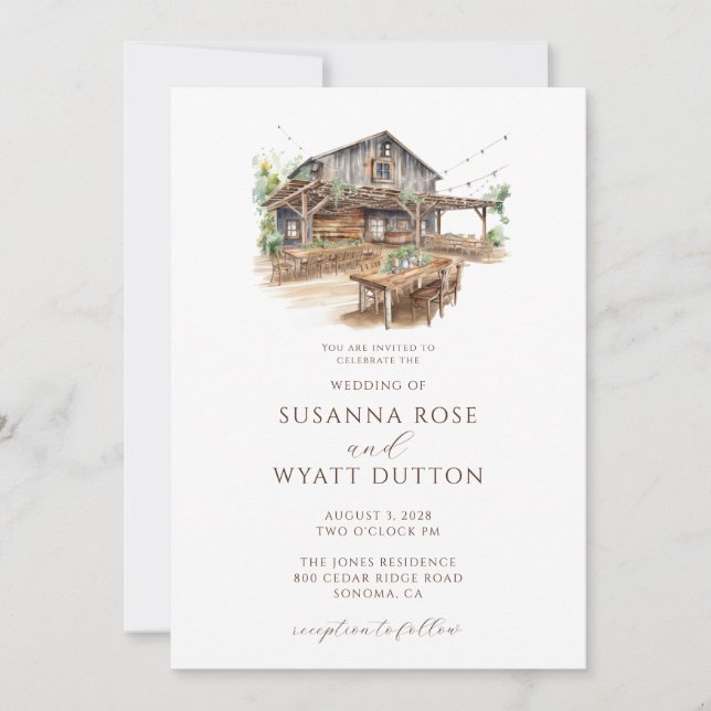 Rustic Watercolor Barn Wedding bjudande Inbjudningar (Framsida)