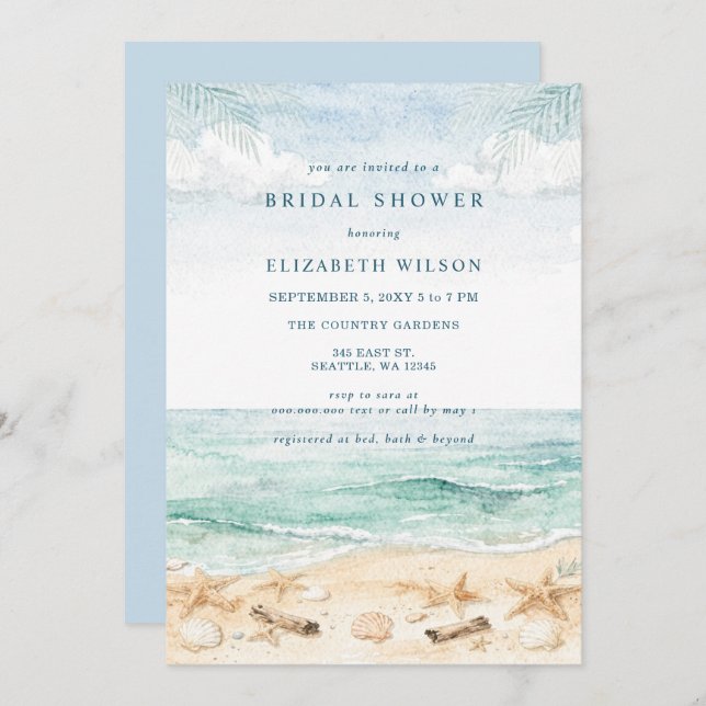 Rustic Watercolor Beach Bridal Shower Inbjudningar (Fram/baksida)